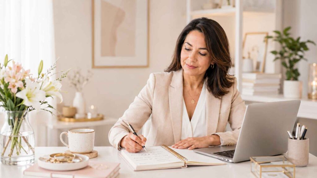 Mujer profesional evaluando cómo convertir su experiencia en un negocio digital.